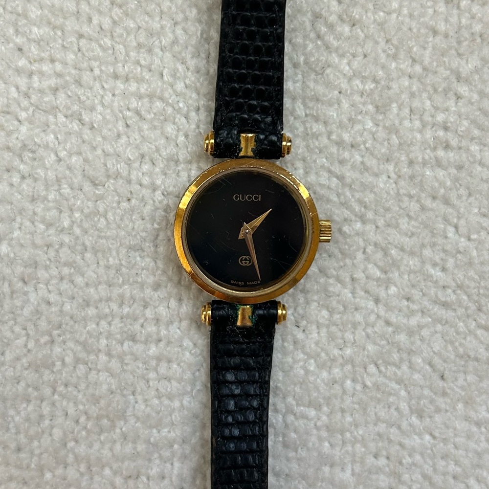 Gucci Black & Gold Vintage Enamel Leather Watch